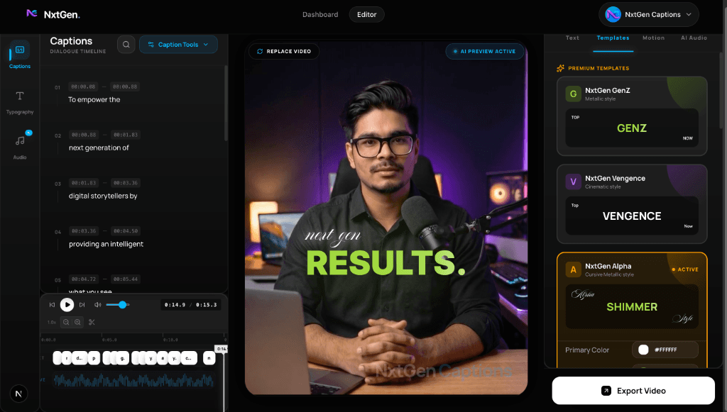NxtGen Captions AI Workspace Screenshot